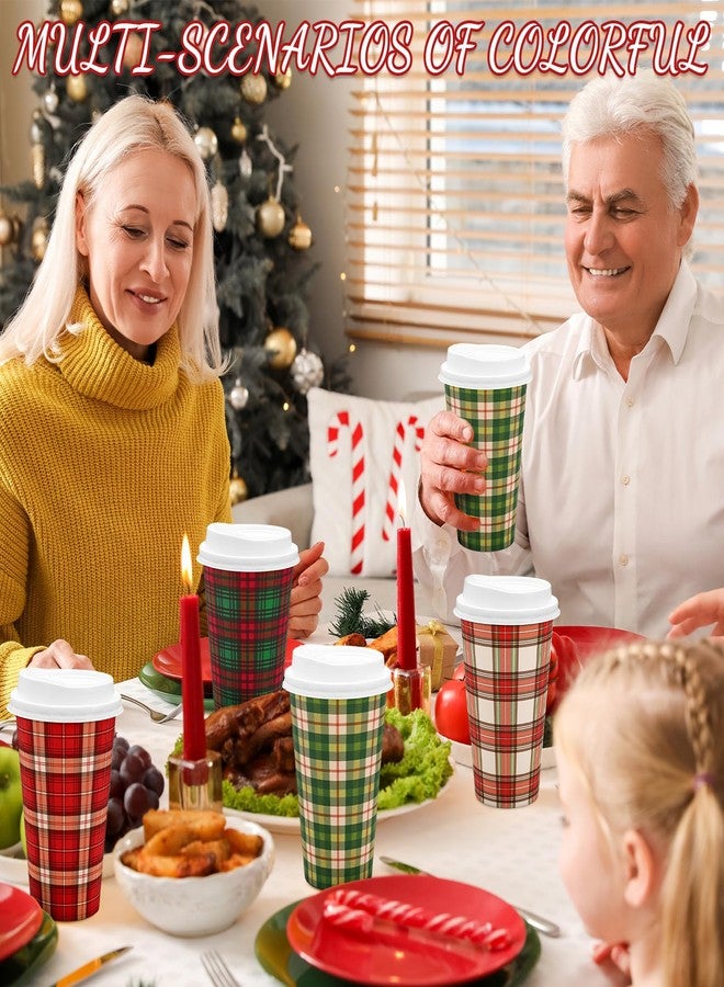 JarThenaAMCS Christmas Disposable Coffee Cups Xmas Buffalo Plaid Paper Cups with Lids 16 Oz To Go Coffee Cup for Holiday Party Cafe Hot Cold Drinks, 48 Pcs - Image 5